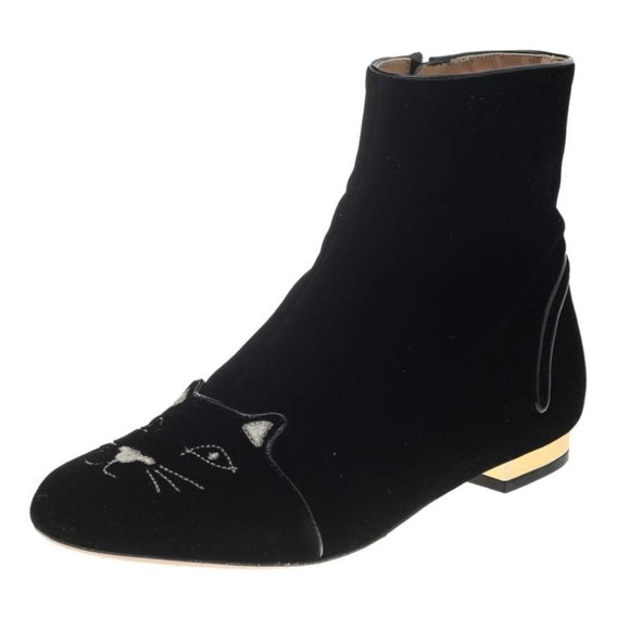 CHARLOTTE OLYMPIA Black Velvet Cat Embroidered Ankle Boots Size 38.5 - Picture 7 of 8